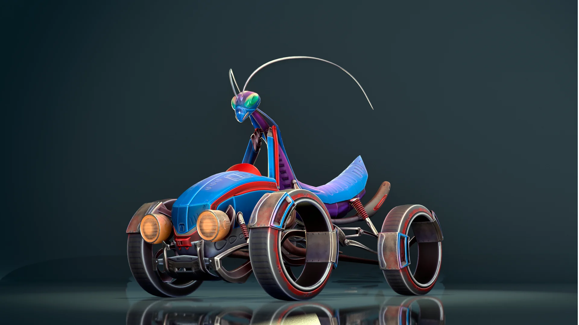 Финальный вид MantiRacer спереди в текстурированном виде с демонстрацией основных форм, материалов и деталей модели.
