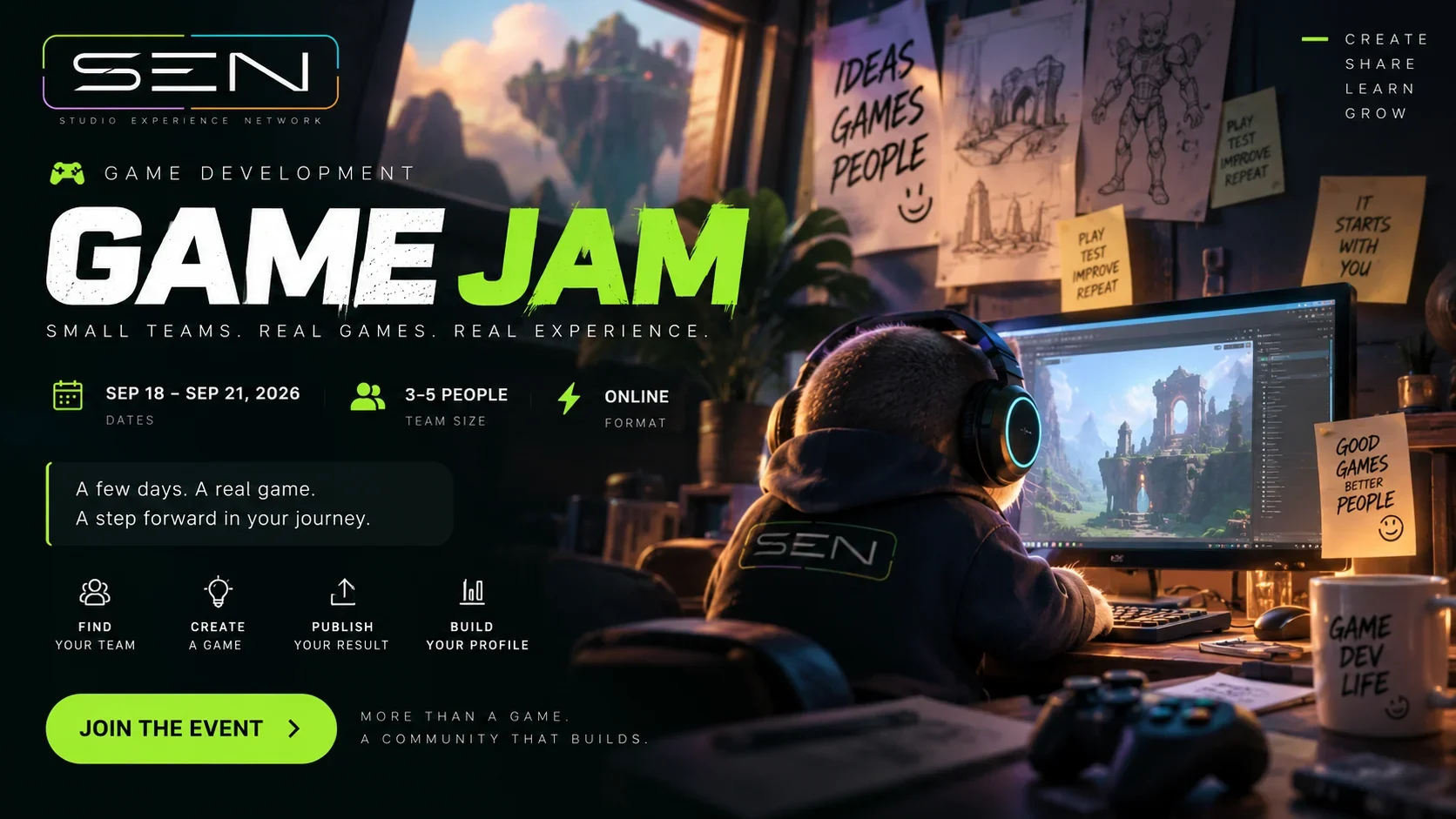 Раздел Games категории Game Development в SEN с опубликованной браузерной игрой, которую можно открыть и запустить непосредственно на платформе.