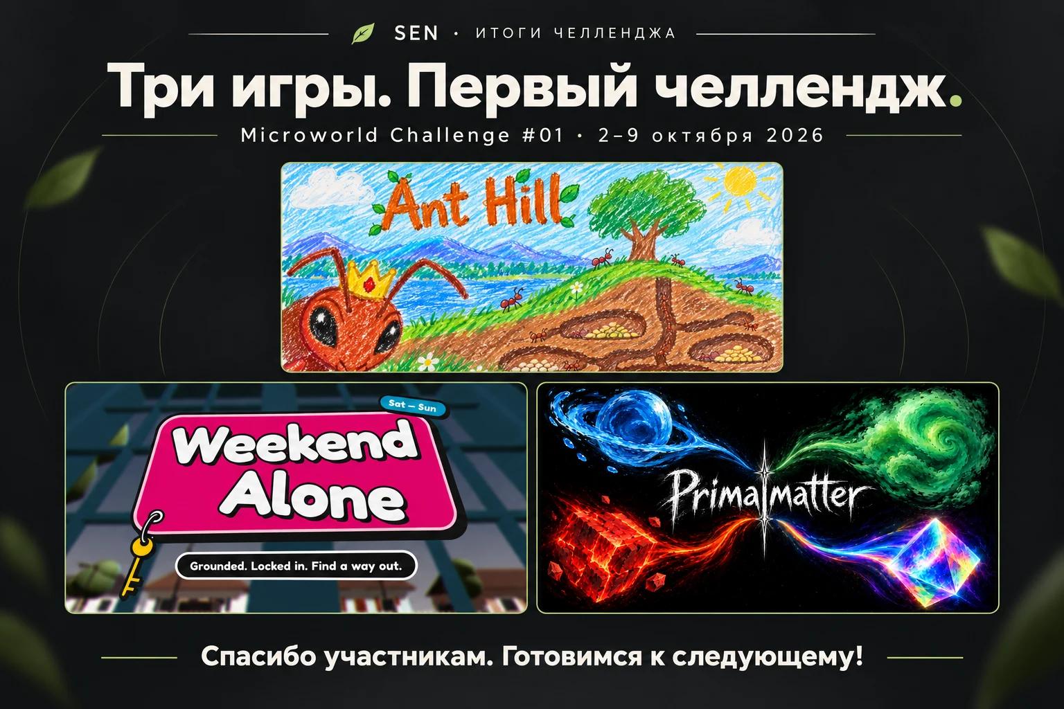 Итоги SEN Microworld Challenge #01: обложки игр Ant Hill, Weekend Alone и Primalmatter.